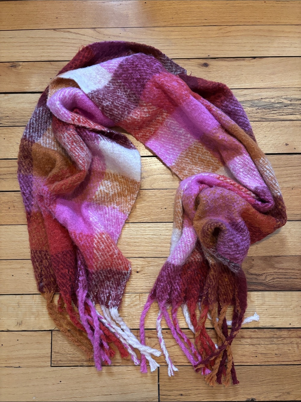 Max Studio Pink Plaid Fringe Scarf with Burgundy & Tan Accents